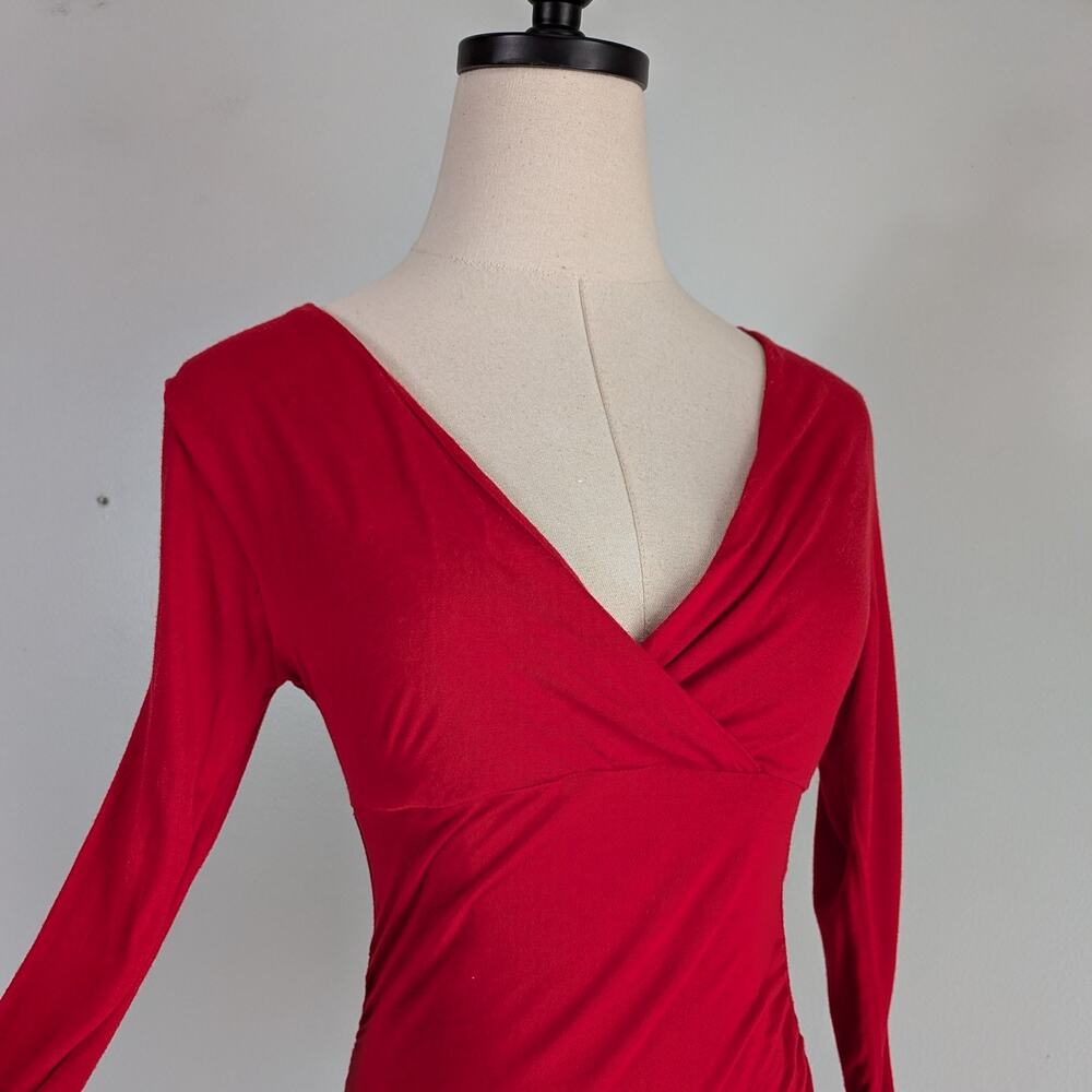 INC Y2K Babydoll Top S Red Vneck 3/4 Sleeve Elena Bella Empire Stretch Knit